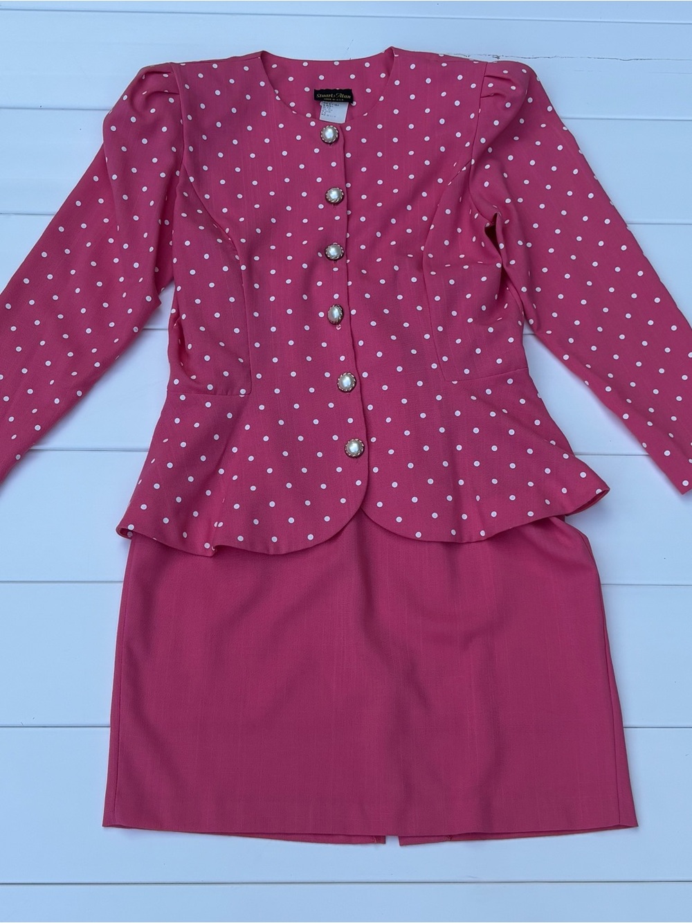 Vintage Stuart Alan Pink Polka Dot Skirt Suit Pearl Buttons XS Small